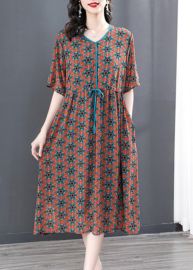 V Neck Print Wrinkled Tie Waist Long Dresses Summer