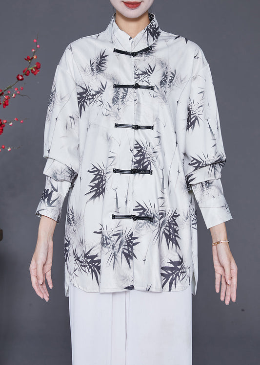 White Inkwash Painting Print Chinese Button Chiffon Shirt Tops Fall