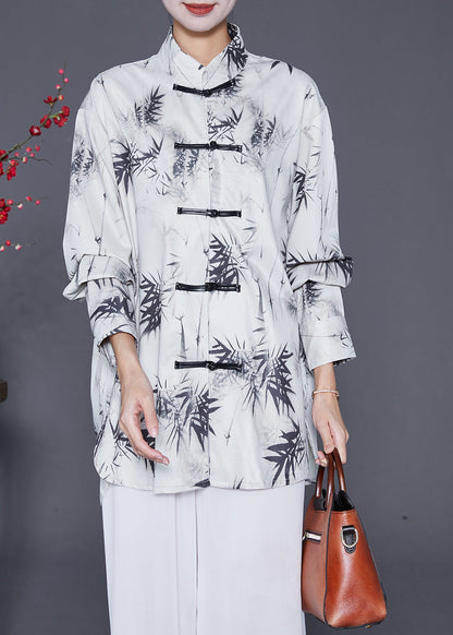 White Inkwash Painting Print Chinese Button Chiffon Shirt Tops Fall