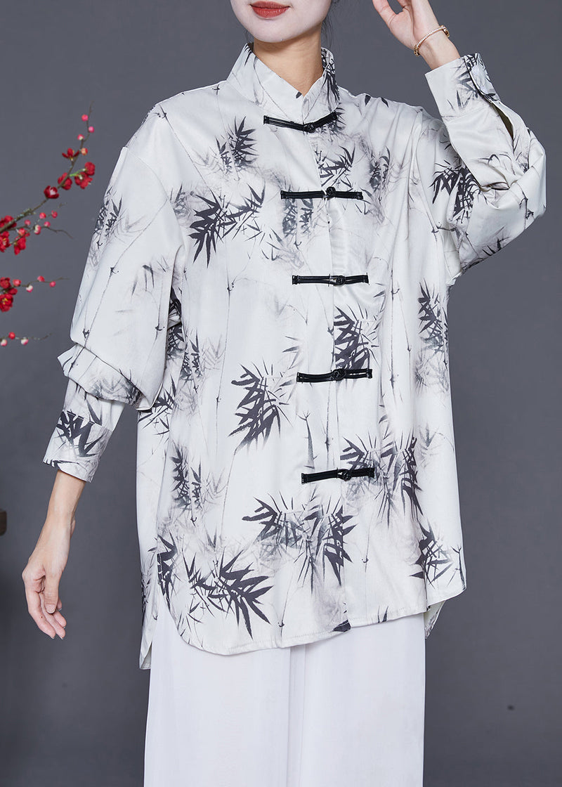 White Inkwash Painting Print Chinese Button Chiffon Shirt Tops Fall