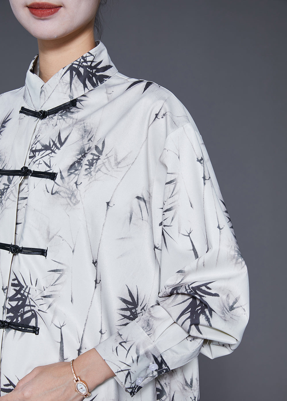 White Inkwash Painting Print Chinese Button Chiffon Shirt Tops Fall