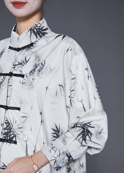 White Inkwash Painting Print Chinese Button Chiffon Shirt Tops Fall