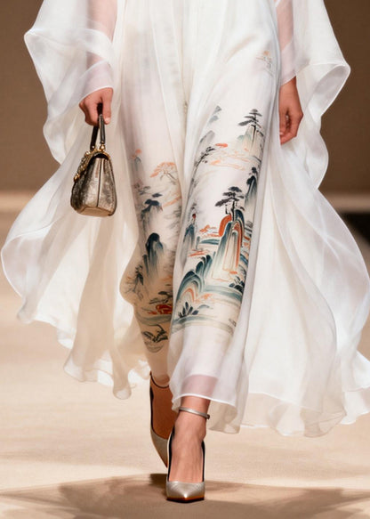 White Print Chiffon Dress Two Piece Set Summer