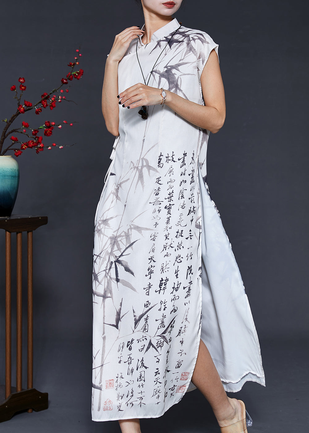 White Print Chiffon Vacation Dresses Cheongsam Sleeveless