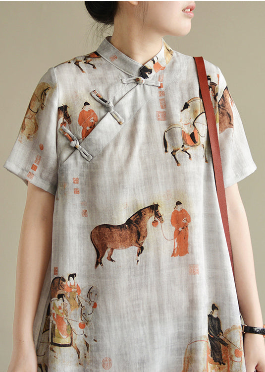 White Print Oriental Button Linen Dress Short Sleeve