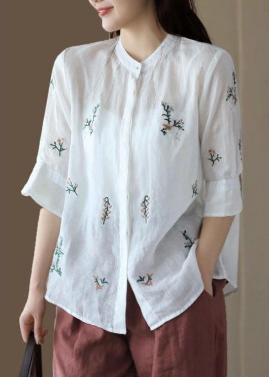 White Stand Collar Embroideried Patchwork Linen Tops Summer