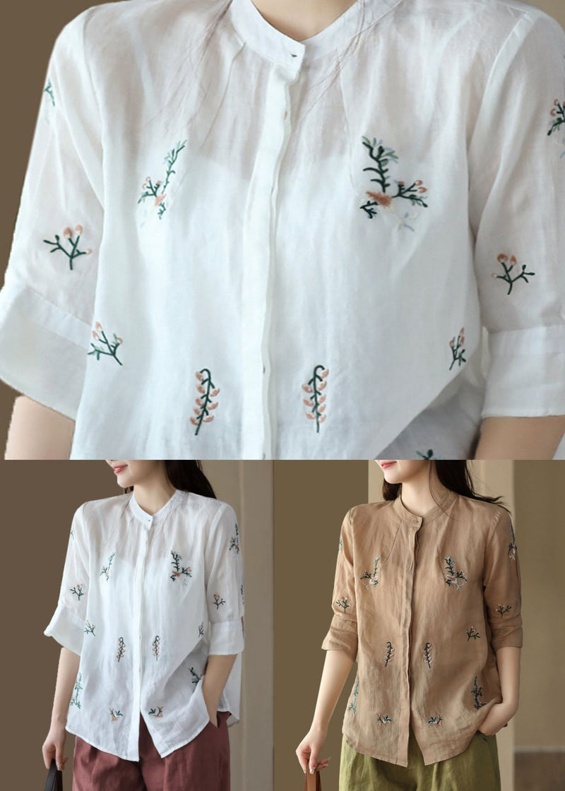 White Stand Collar Embroideried Patchwork Linen Tops Summer