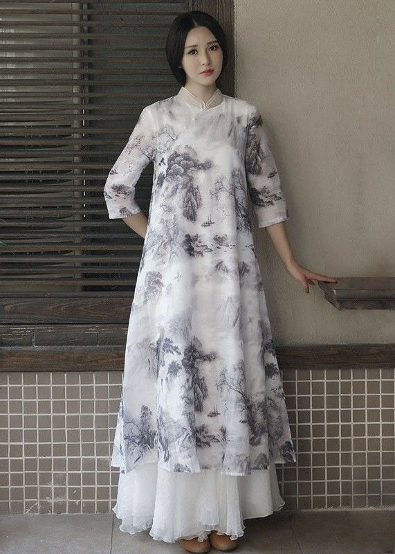 White Stand Collar Ruffled Print Patchwork Linen Dress Summer