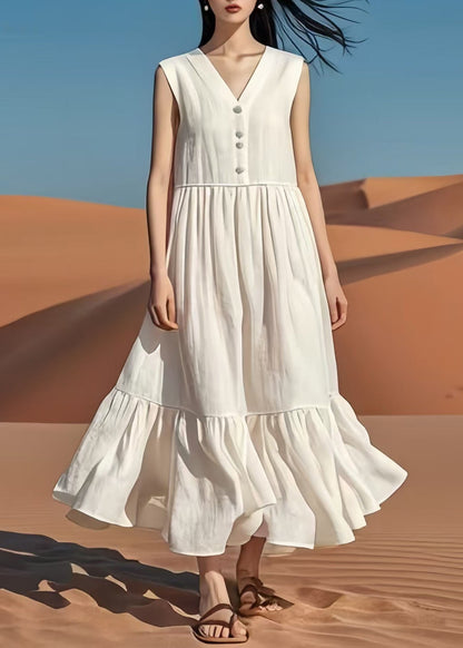 White V Neck Patchwork Cotton Long Dresses Summer