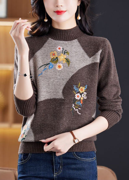 Wine Red Embroidered Patchwork Knit Sweater Tops Winter