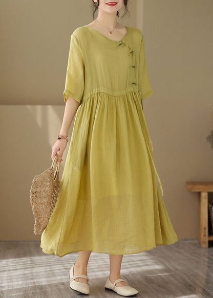 Yellow O Neck Chinese Button Patchwork Cotton Dresses Summer