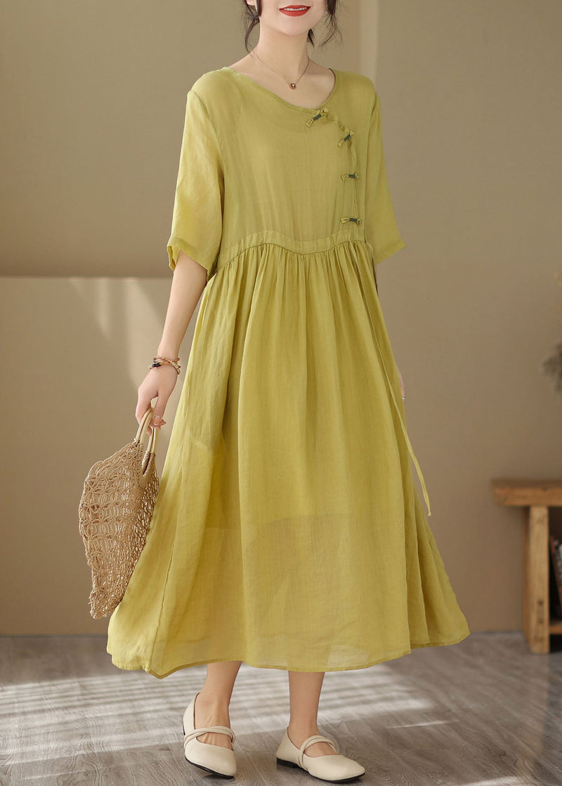 Yellow O Neck Chinese Button Patchwork Cotton Dresses Summer