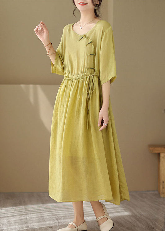 Yellow O Neck Chinese Button Patchwork Cotton Dresses Summer