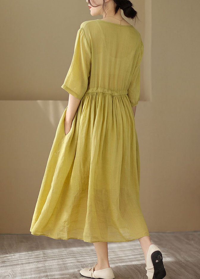 Yellow O Neck Chinese Button Patchwork Cotton Dresses Summer