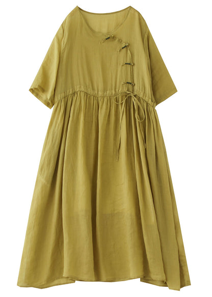 Yellow O Neck Chinese Button Patchwork Cotton Dresses Summer