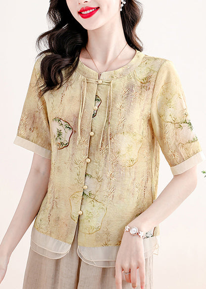 Yellow O Neck Print Linen Two Piece Suit Set Summer