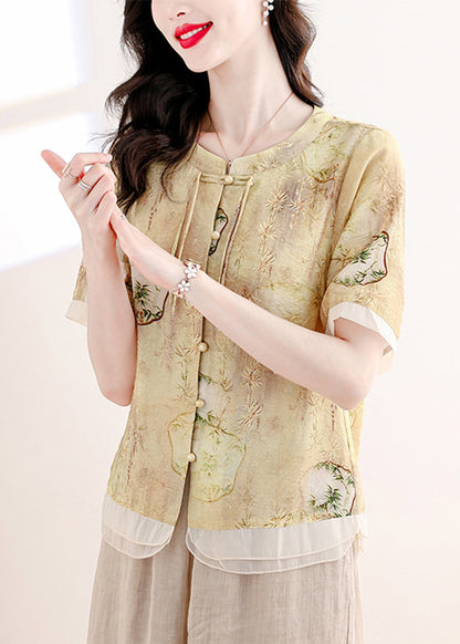 Yellow O Neck Print Linen Two Piece Suit Set Summer