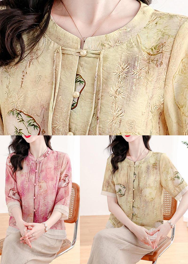Yellow O Neck Print Linen Two Piece Suit Set Summer