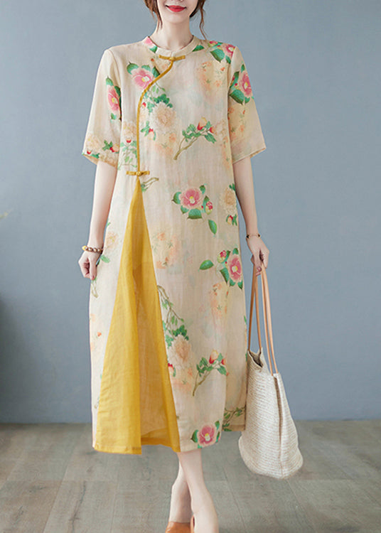 Yellow Print Patchwork Button Linen Long Dress Half Sleeve