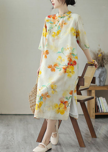 Yellow Stand Collar Print Button Patchwork Linen Dress Summer