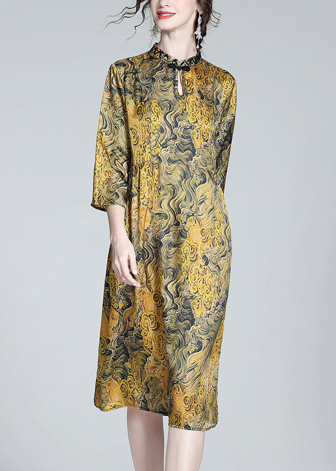 Yellow Stand Collar Print Button Silk Maxi Dress Summer
