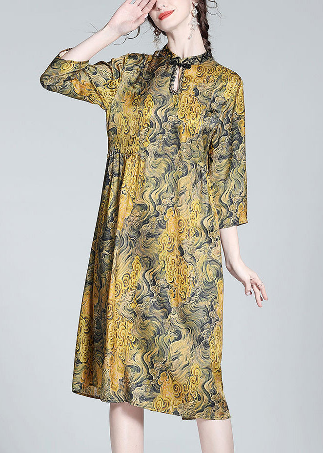Yellow Stand Collar Print Button Silk Maxi Dress Summer