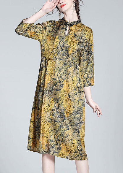 Yellow Stand Collar Print Button Silk Maxi Dress Summer