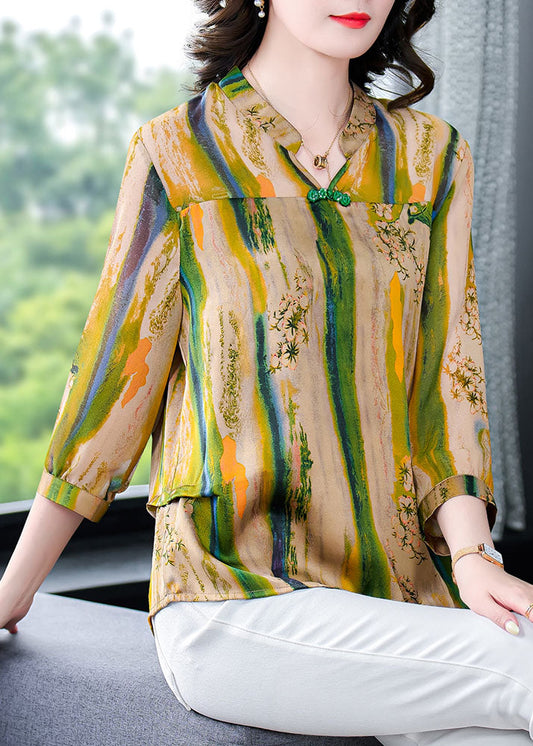 Yellow V Neck Print Patchwork Silk Shirt Tops Bracelet Sleeve