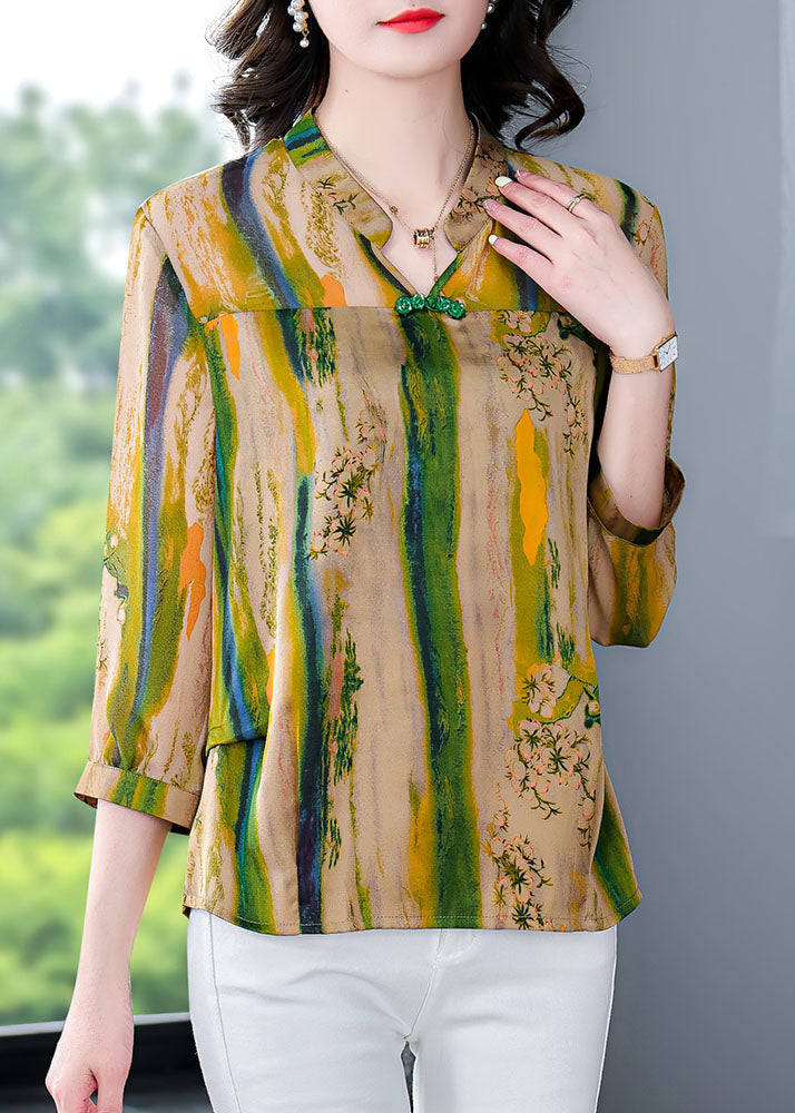 Yellow V Neck Print Patchwork Silk Shirt Tops Bracelet Sleeve