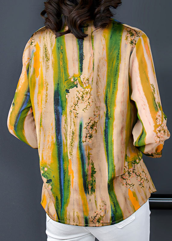 Yellow V Neck Print Patchwork Silk Shirt Tops Bracelet Sleeve