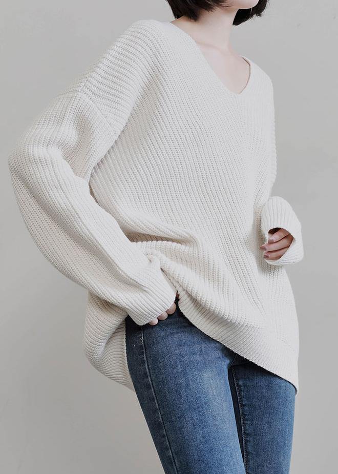 Beige Knit Tops Fall V Neck Batwing Sleeve Knitted T Shirt