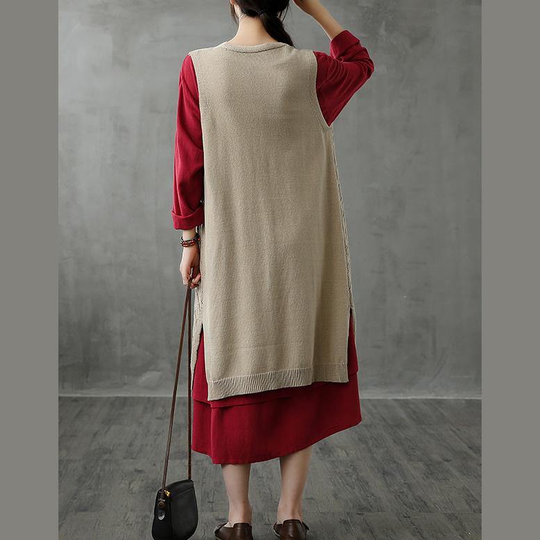 Beige V Neck Sleeveless Knit Sweat Tops
