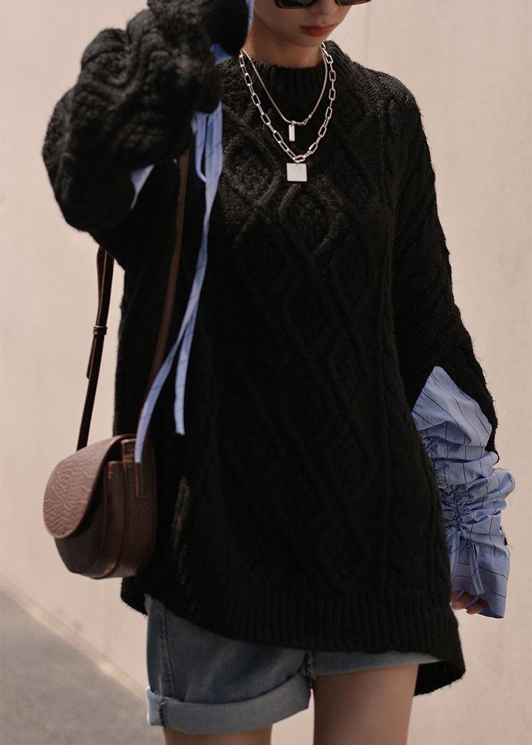 Black Crane Tops O Neck Patchwork Oversized Sweaters