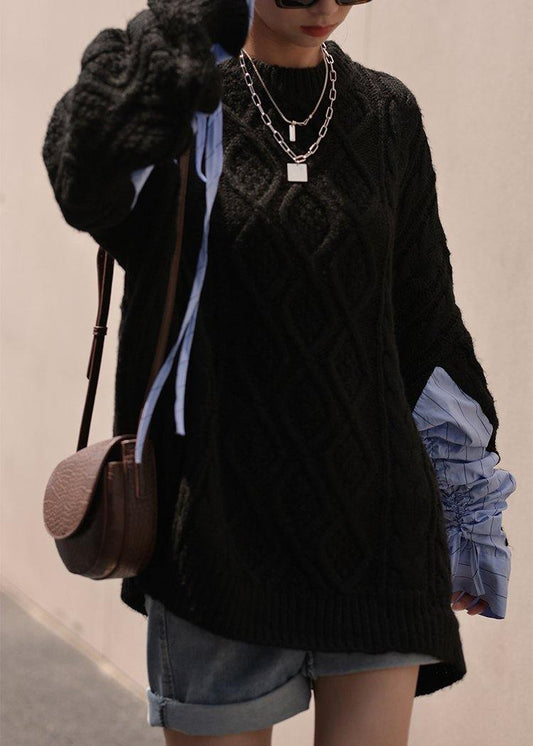 Black Crane Tops O Neck Patchwork Oversized Sweaters