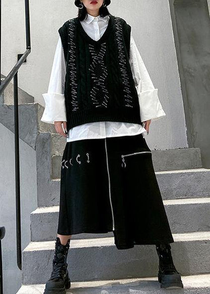 Black Knit Blouse Sleeveless V Neck Knit Sweat Tops