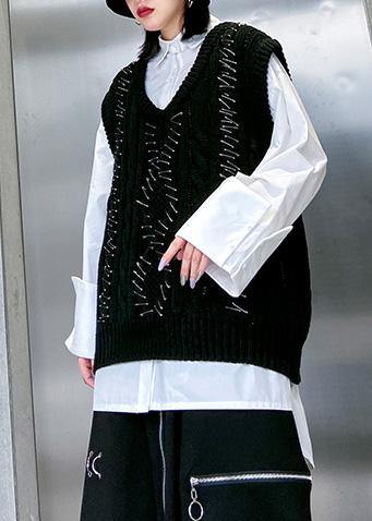 Black Knit Blouse Sleeveless V Neck Knit Sweat Tops