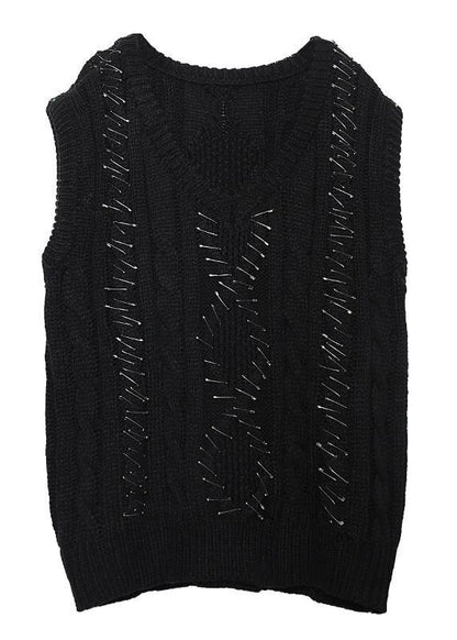 Black Knit Blouse Sleeveless V Neck Knit Sweat Tops