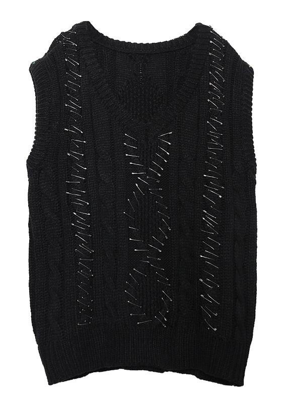 Black Knit Blouse Sleeveless V Neck Knit Sweat Tops