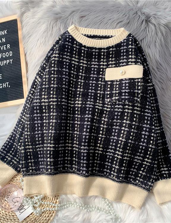 Black Plaid Clothes for O Neck Patchwork Oversize Knitwear