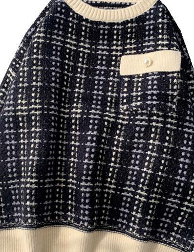 Black Plaid Clothes for O Neck Patchwork Oversize Knitwear