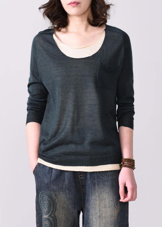 Blackish Green Knit T Shirt Plussize O Neck Knit Sweat Tops False Two Pieces