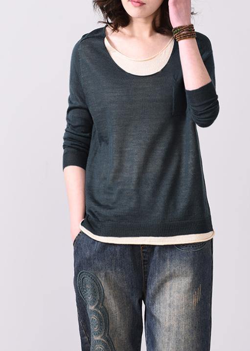 Blackish Green Knit T Shirt Plussize O Neck Knit Sweat Tops False Two Pieces