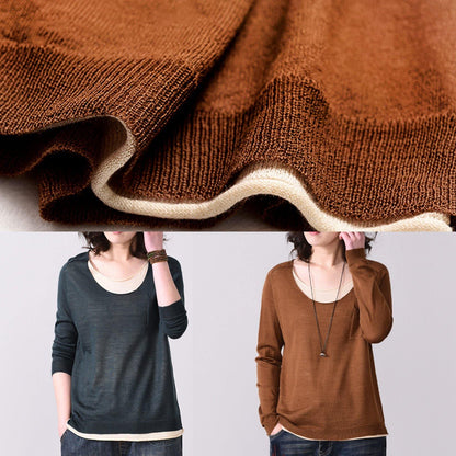 Blackish Green Knit T Shirt Plussize O Neck Knit Sweat Tops False Two Pieces