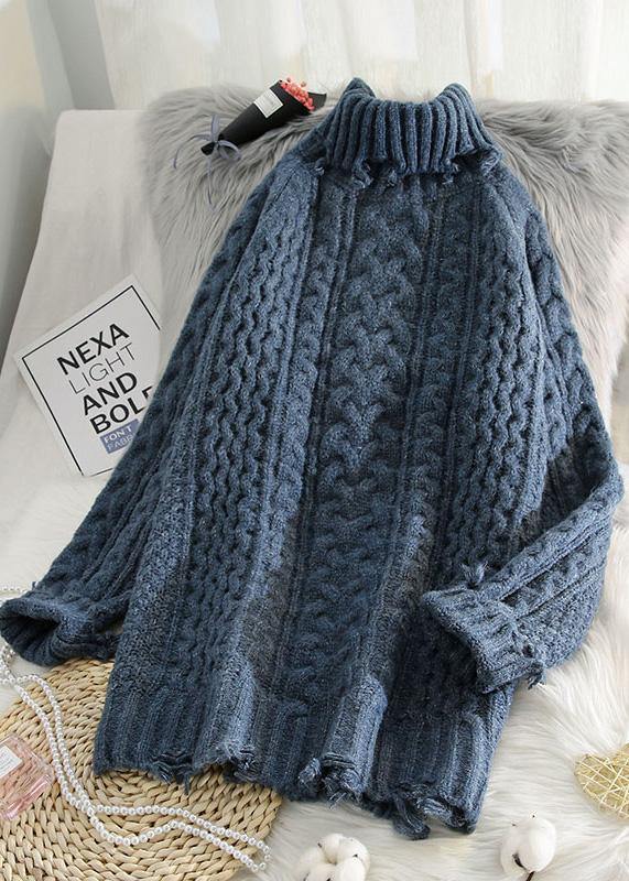 Blue Knit Blouse Spring High Neck Knit Sweat Tops