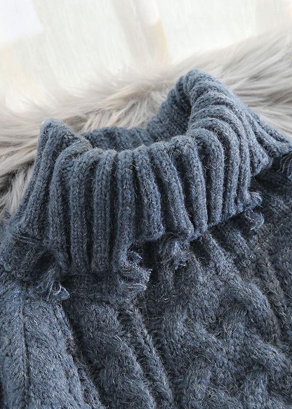 Blue Knit Blouse Spring High Neck Knit Sweat Tops