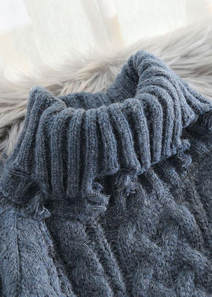 Blue Knit Blouse Spring High Neck Knit Sweat Tops