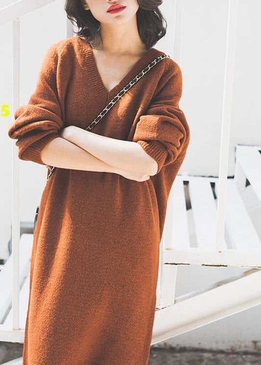 Chocolate Sweater Wardrobes Street Style V Neck Baggy Daily Sweater Dresses