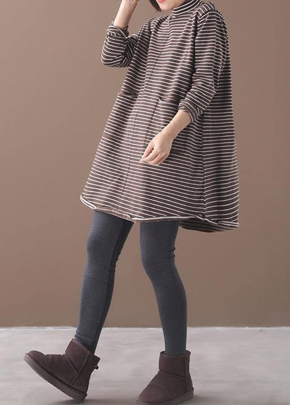 Chocolate Striped Knitwear Oversize High Neck Asymmetric Clothes