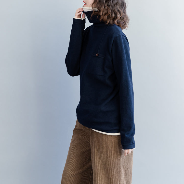 Dark Blue Knit Coats Loose Fitting High Neck Knit Sweat Tops