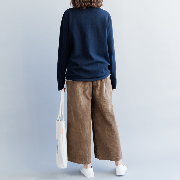 Dark Blue Knit Coats Loose Fitting High Neck Knit Sweat Tops